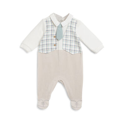 Boys Medium Natural Checkered Leg Opening Babysuit